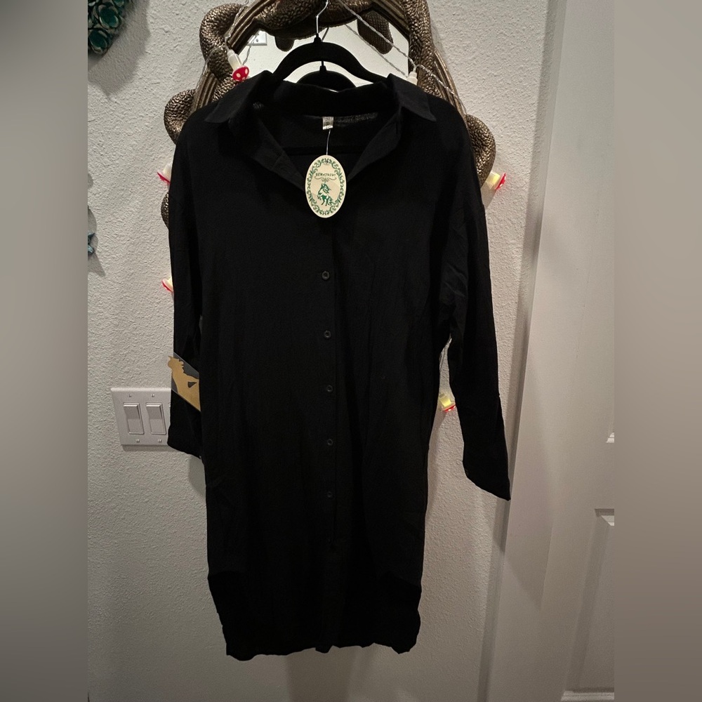 Cotton/Linen Blend Black Long Sleeve Shirt Dress/Pool or Beach Cover-Up